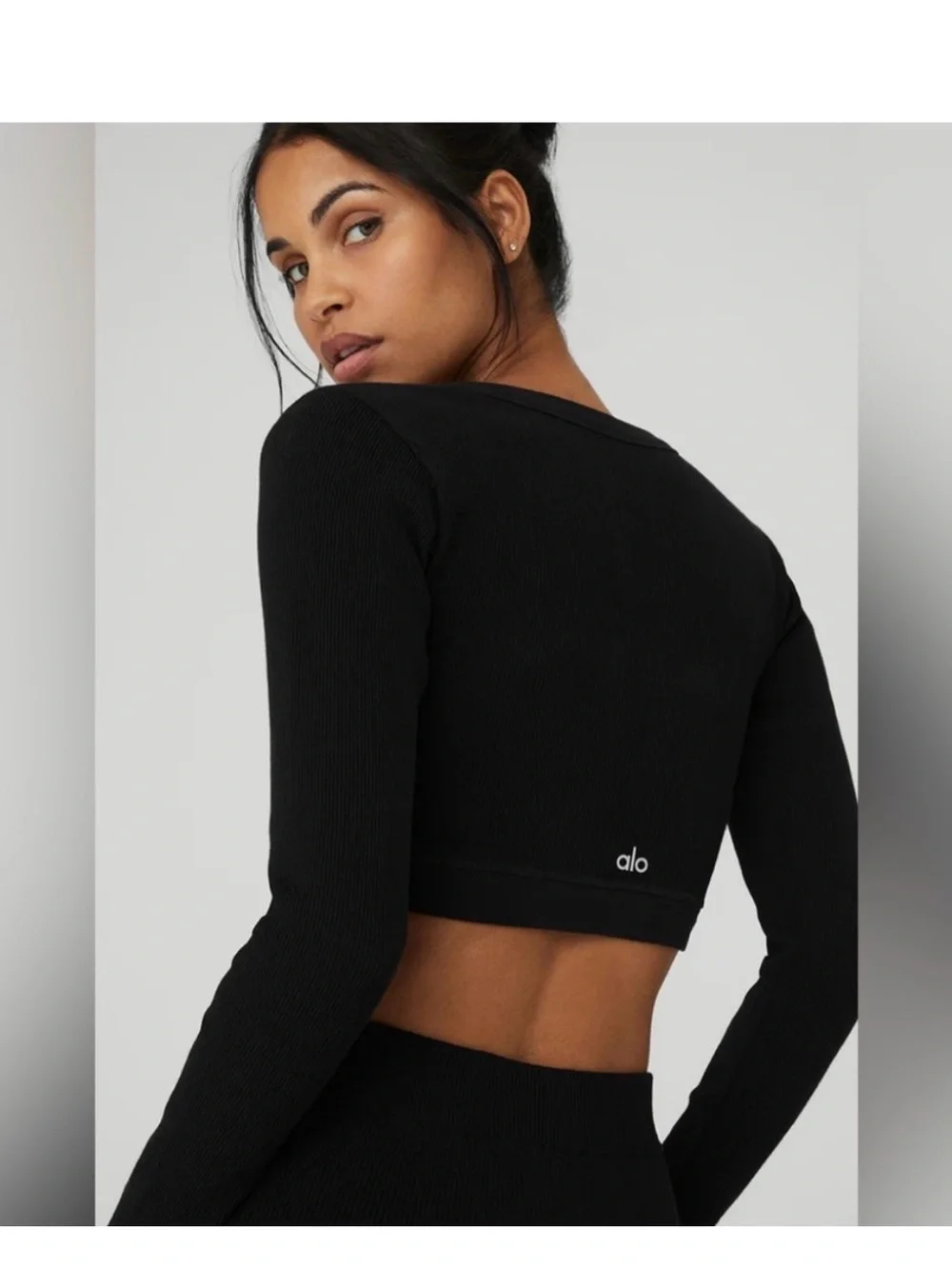 ALO Yoga Black Ribbed Long-Sleeve Crop Top